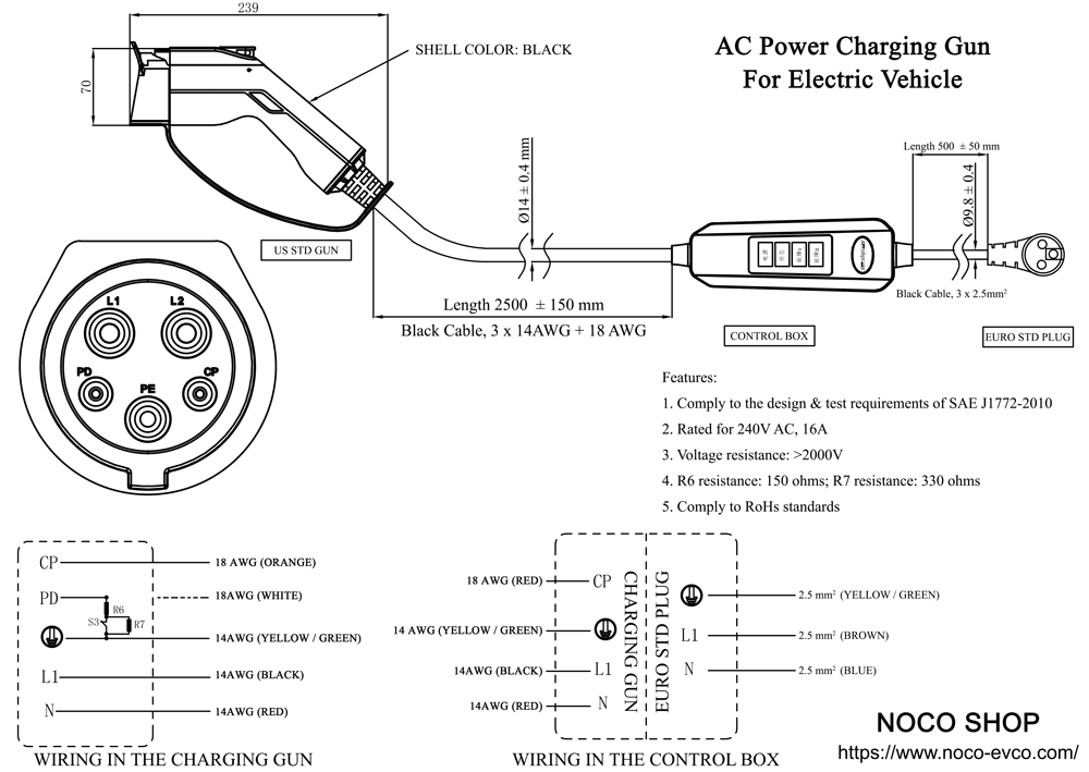 SAE J1772 IEC Type 1 J Plug Charging Gun Without Control Box