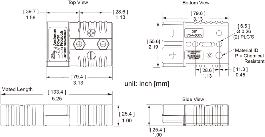 Anderson SB175 Connector Dimensions