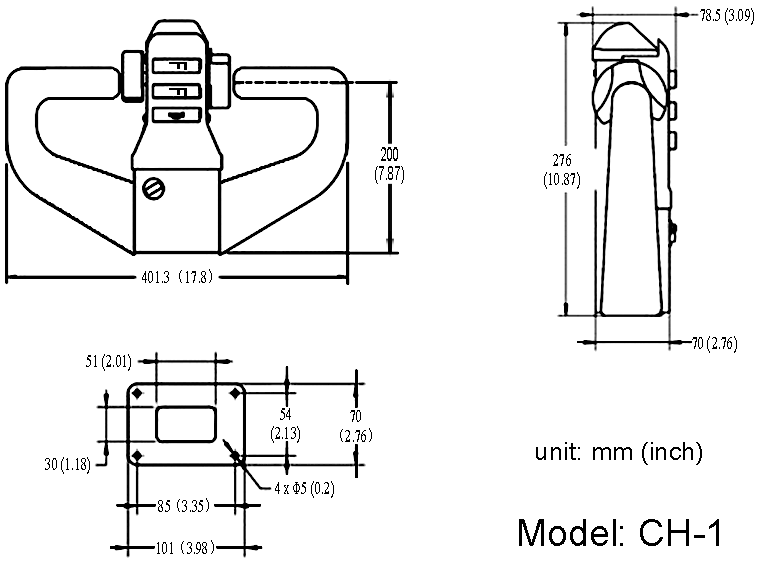 Dimensions of CH-1 Tiller Head, for Material Handling Vehicles