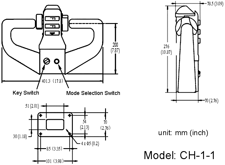 Dimensions of CH-1 Tiller Head, for Material Handling Vehicles