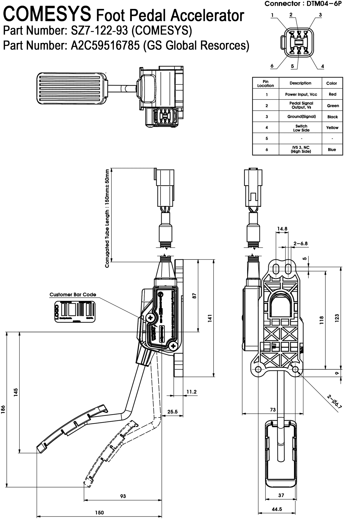 Dimensions of COMESYS Electric Pedal Accelerator Assembly SZ7-122-93, GS NORTH AMERICA Foot Pedal Throttle A2C59516785