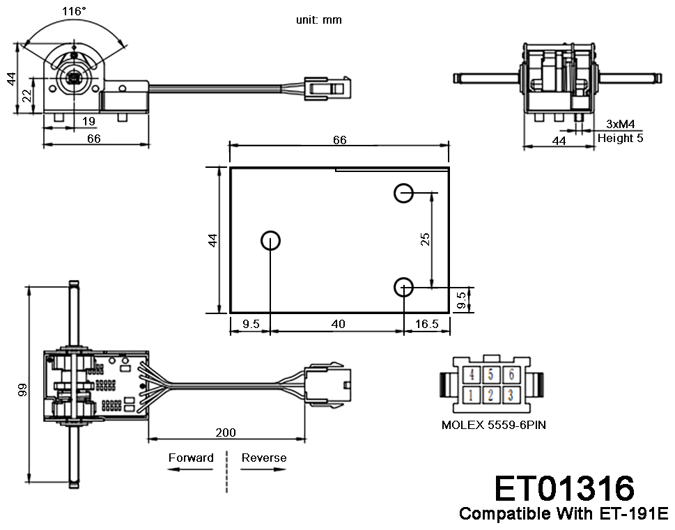 Dimensions of CURTIS throttle ET-191E, Dimensions of Throttle ET01316