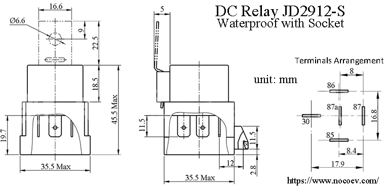 Waterproof JD2912-S DC Relay Dimensions