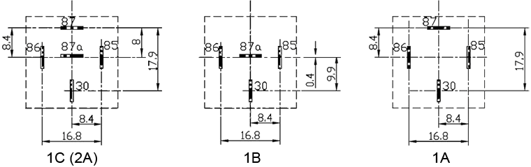 https://www.noco-evco.com/ - Contacts' Layout of 40A AIKS Automotive DC Relay, Model ACR01F-F