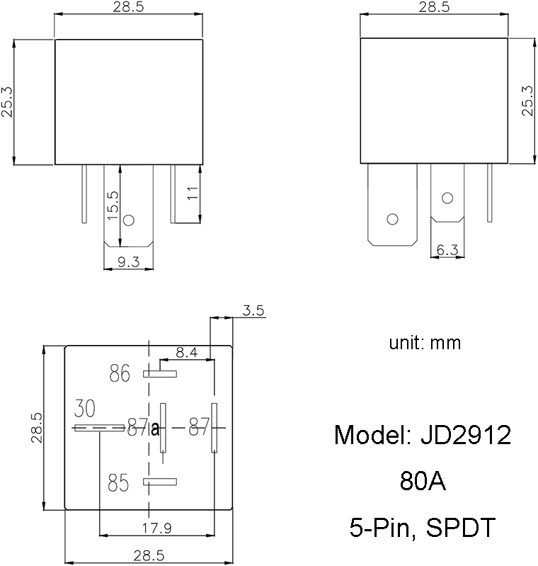 dimension diagram, 12V And 24V Automotive DC Relay, 80A SPDT 5-Pin DC Relay