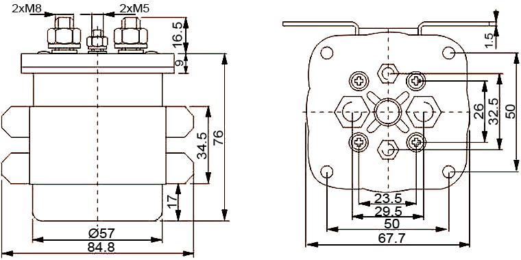NR200 NR500 SPST DC Contactor Dimensions