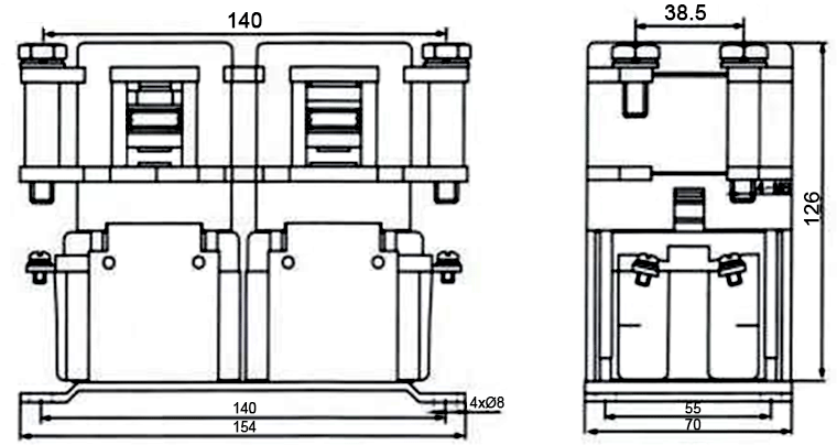 Dimensions of LUTONG QCC25B-150A/22, QCC25B-200A/22 and QCC25B-300A/22 Direction Changeover DC Contactor, Replacement of GE IC4482CTTA154FR and ICIC4482CTTA304FR Heavy Duty DPDT Contactors