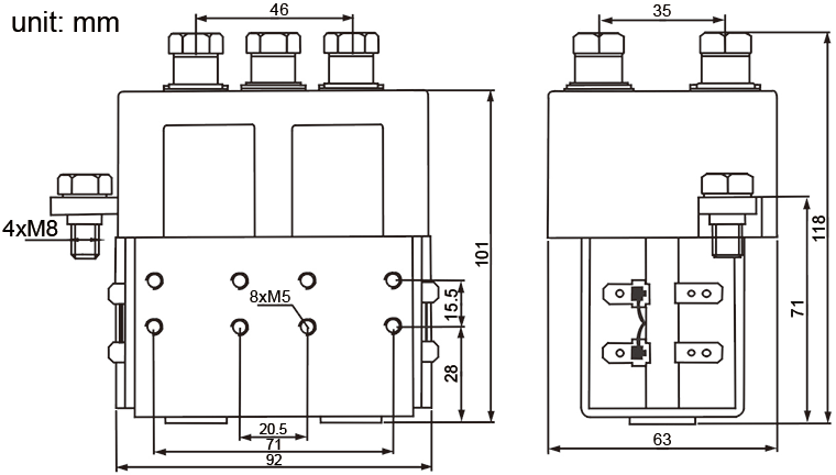 QCC25C-200A/22 Motor Reversing DC Contactor Dimensions