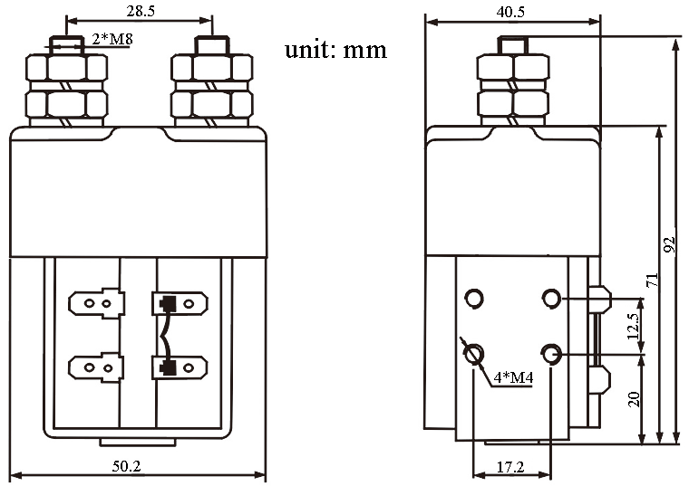 QCC26C-100A DC Contactor Dimensions