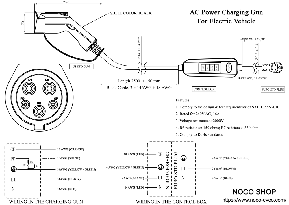 Diagram of SAE J1772 (IEC Type 1, J plug) American standard charging gun with control box for electric vehicle