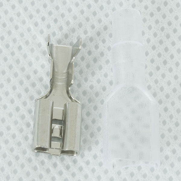1/4" (6.3mm) Spade Connectors, Male Terminal + Female Crimp + Plastic Protector, Material: Tin-Plated Copper
