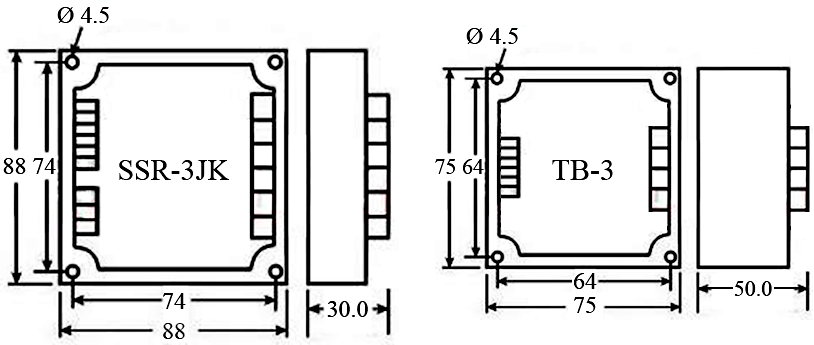 3-phase Phase-Shift Trigger Module SSR-3JK, with 3-phase synchronous transformer TB-3, dimensional diagram