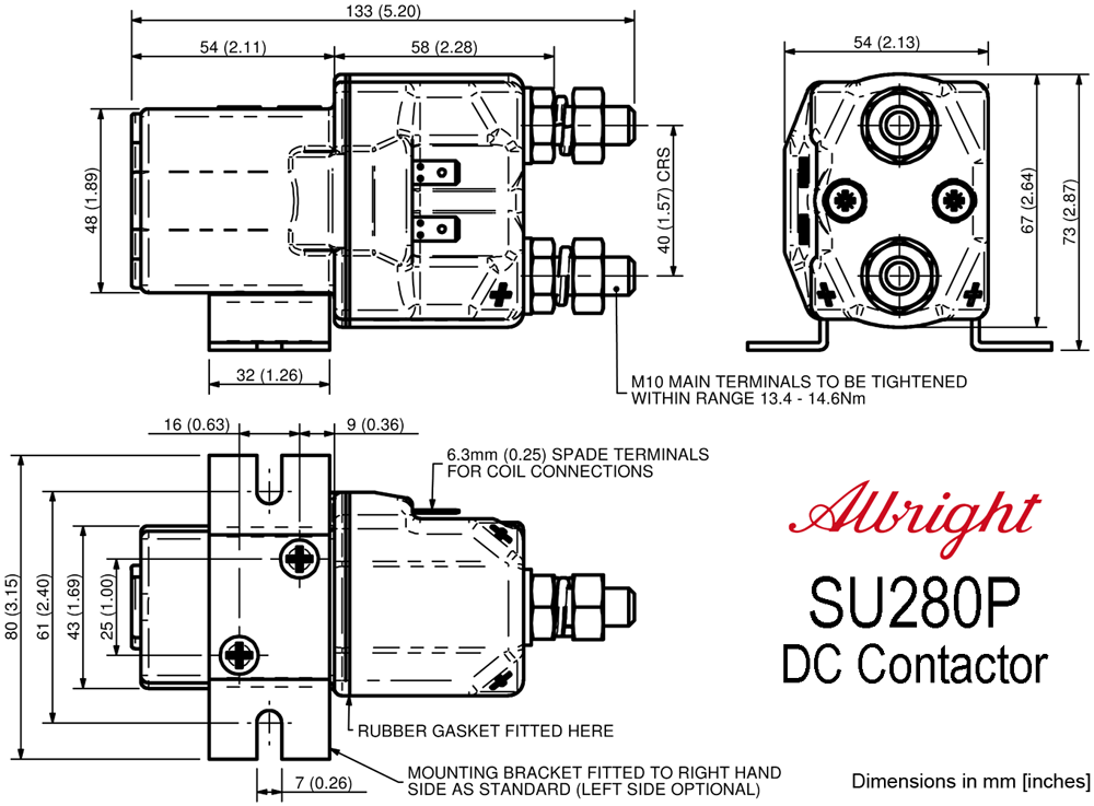 Dimensions of Albright SU280P DC Contactors