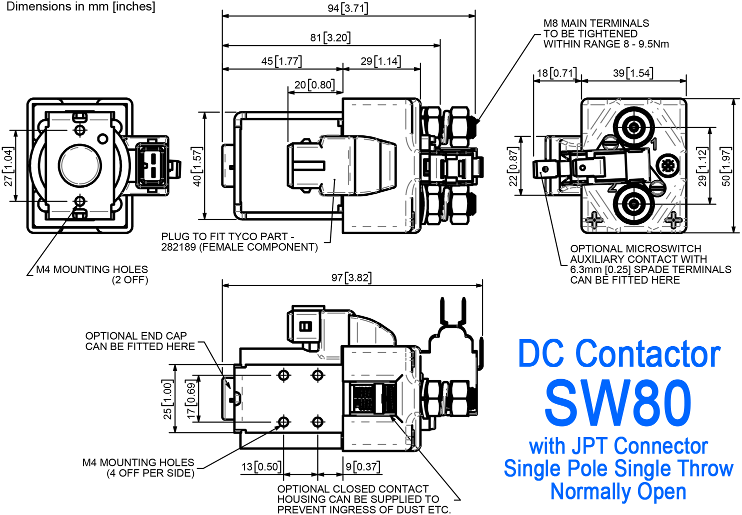 SW80-1919L DC Contactor Dimensions