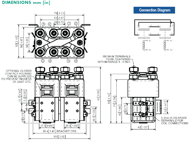 SW822 DC Contactor Dimensions