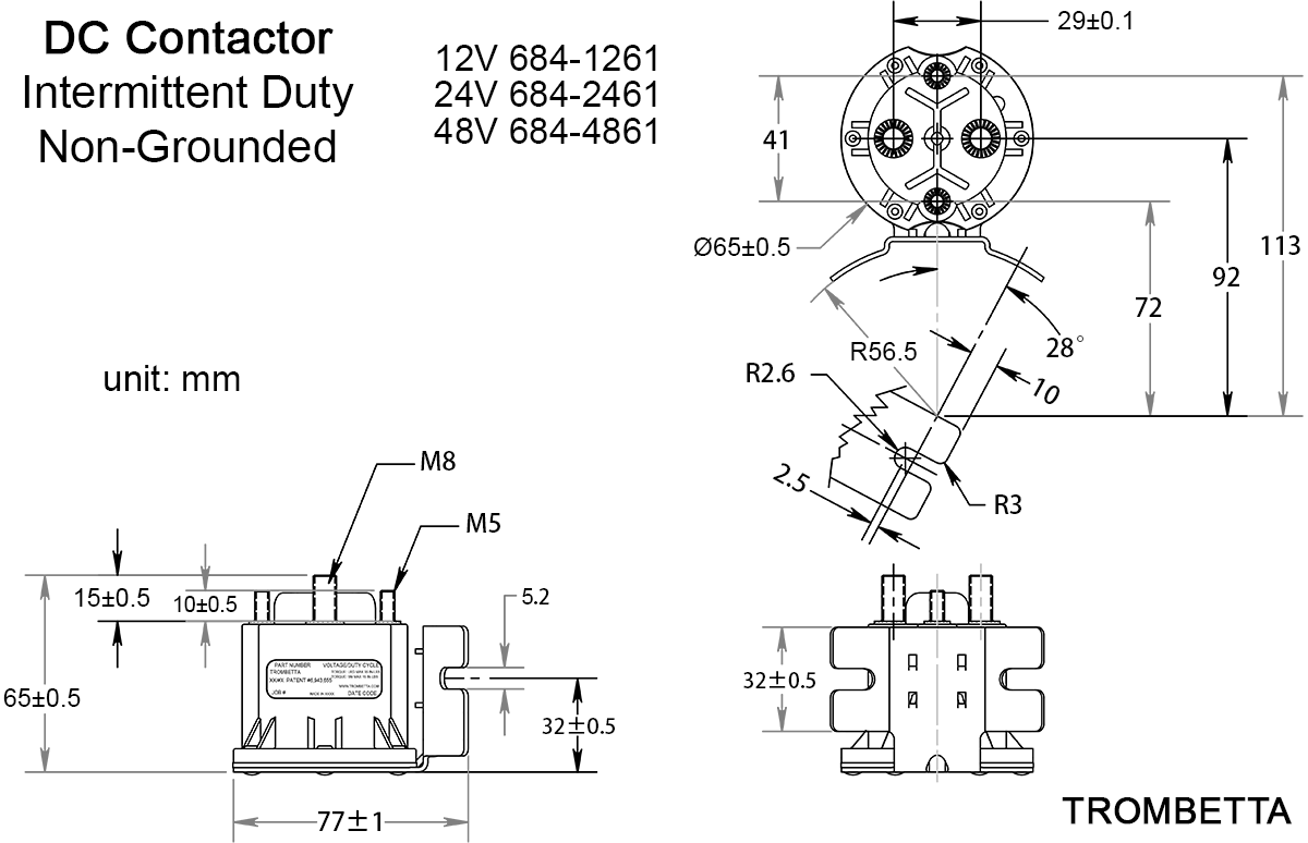 TROMBETTA 200A DC Contactor Dimensions