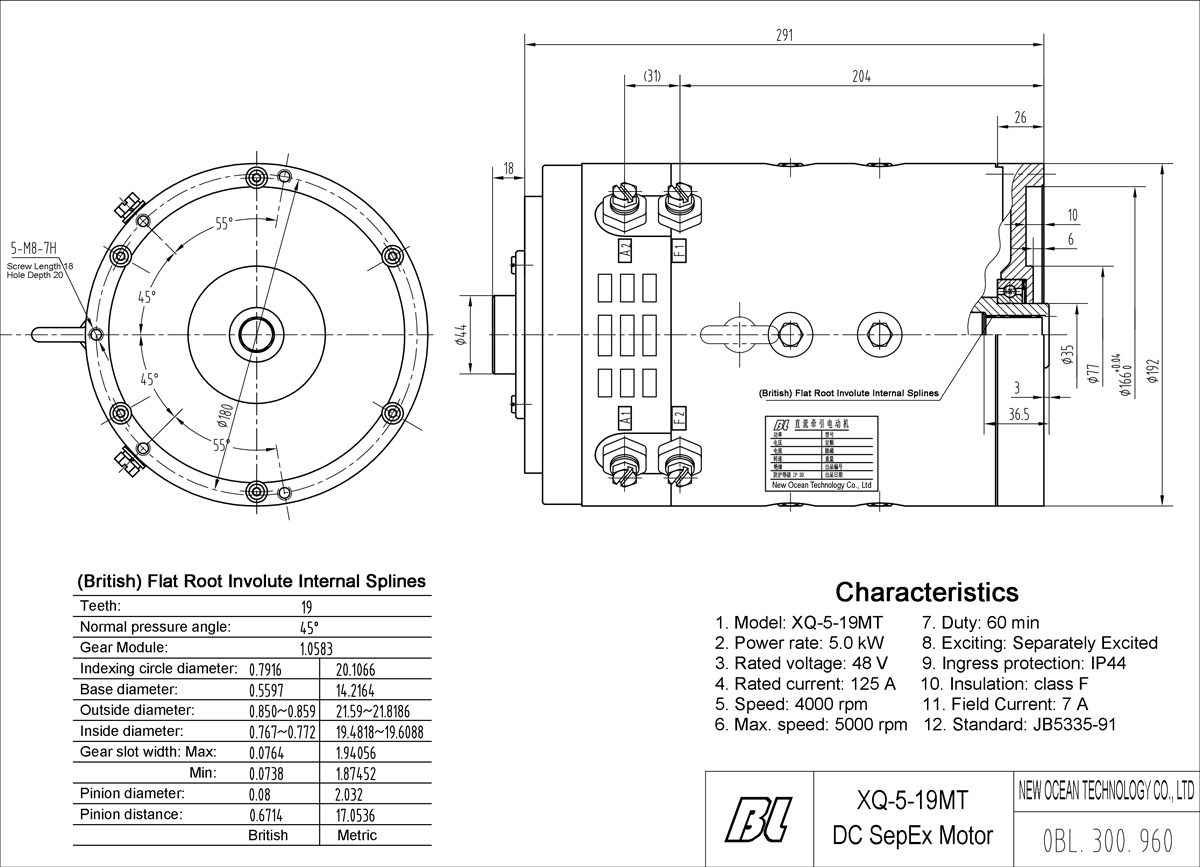 Diagram of 48V 5kW DC SepEx Motor XQ-5-19MT