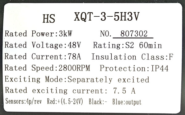 48V 3kW DC SepEx Motor (Shunt Wire Type), Model XQT-3-5H3V, Product Label