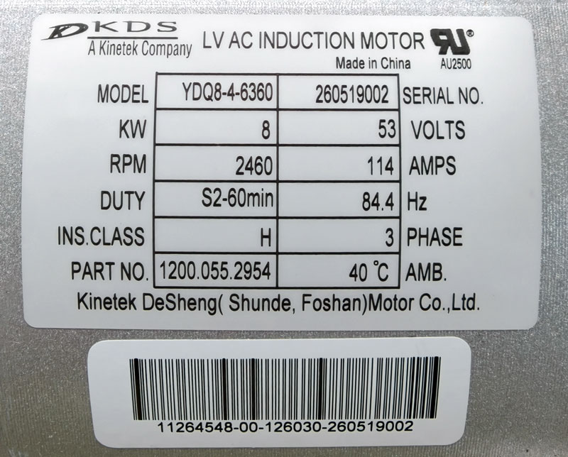 The nameplate of KDS AC induction motor YDQ8-4-6360