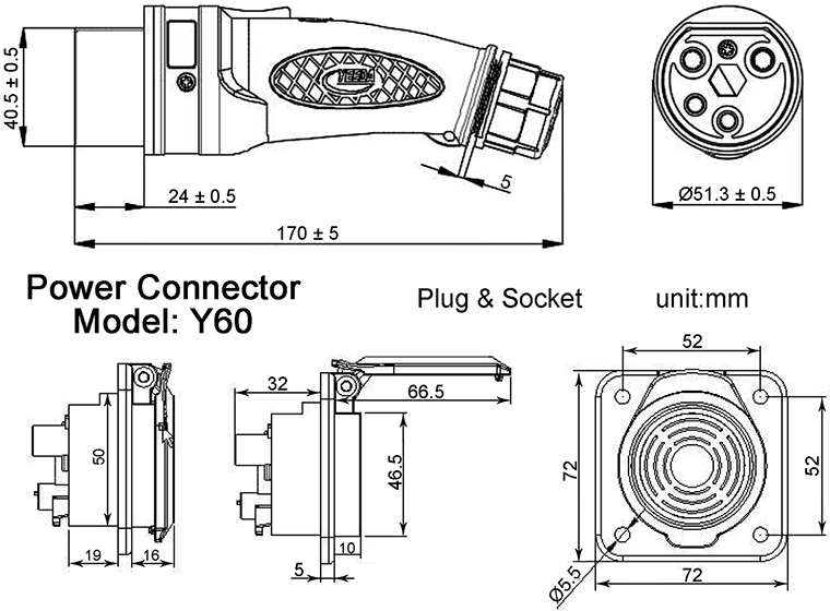 YEEDA Y60 IP67 Waterproof Connector and Socket Dimensions