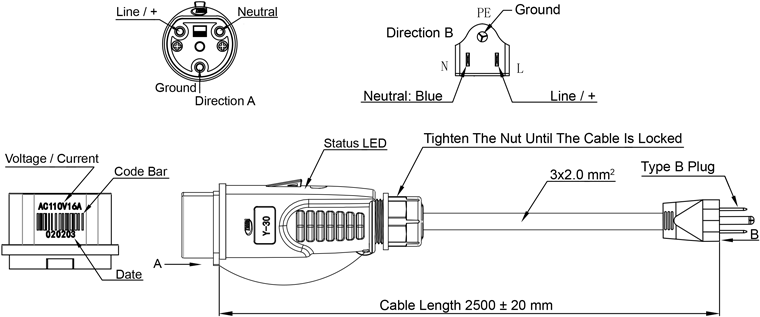 YEEDA Y-30 IP67 Waterproof Plug Dimensions，With 250cm Cable