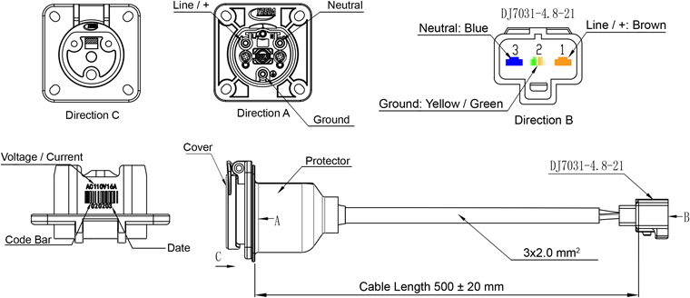 YEEDA Y-30 IP67 Waterproof Socket Dimensions, With 50cm Cable