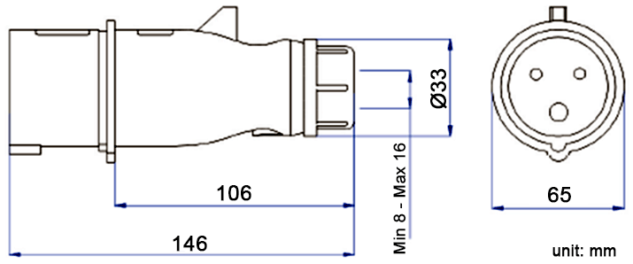 YEEDA Y015 IP44 Industrial Plug Connector Dimension Diagram
