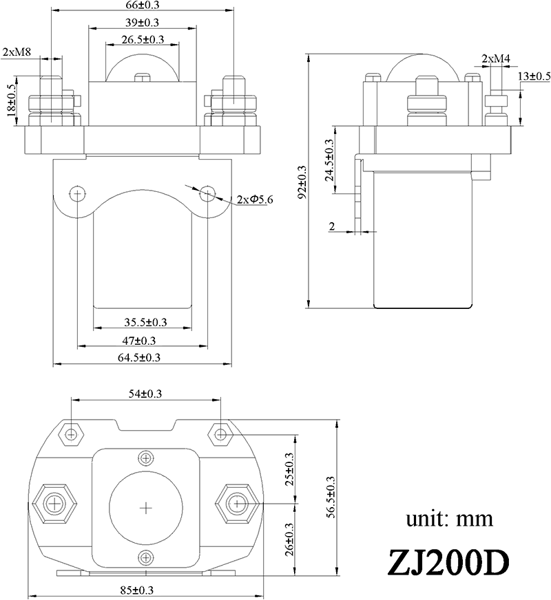 ZJ200D DC Contactor Dimensions