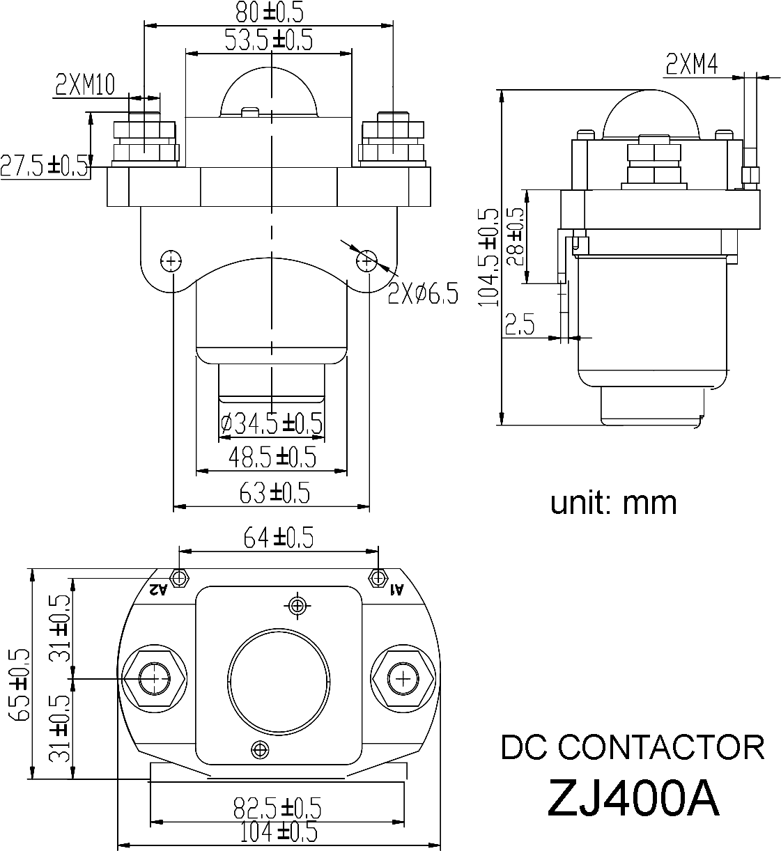 ZJ400A DC Contactor Dimensions