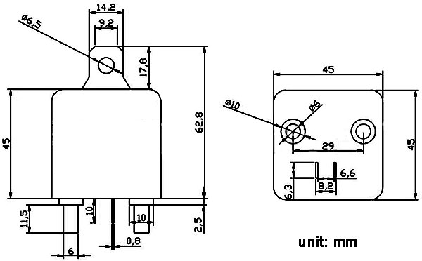 https://www.noco-evco.com/ - Dimensions of Automotive DC Relay, Model ZL180 / WM686, EZGO Motor Initiating Stater